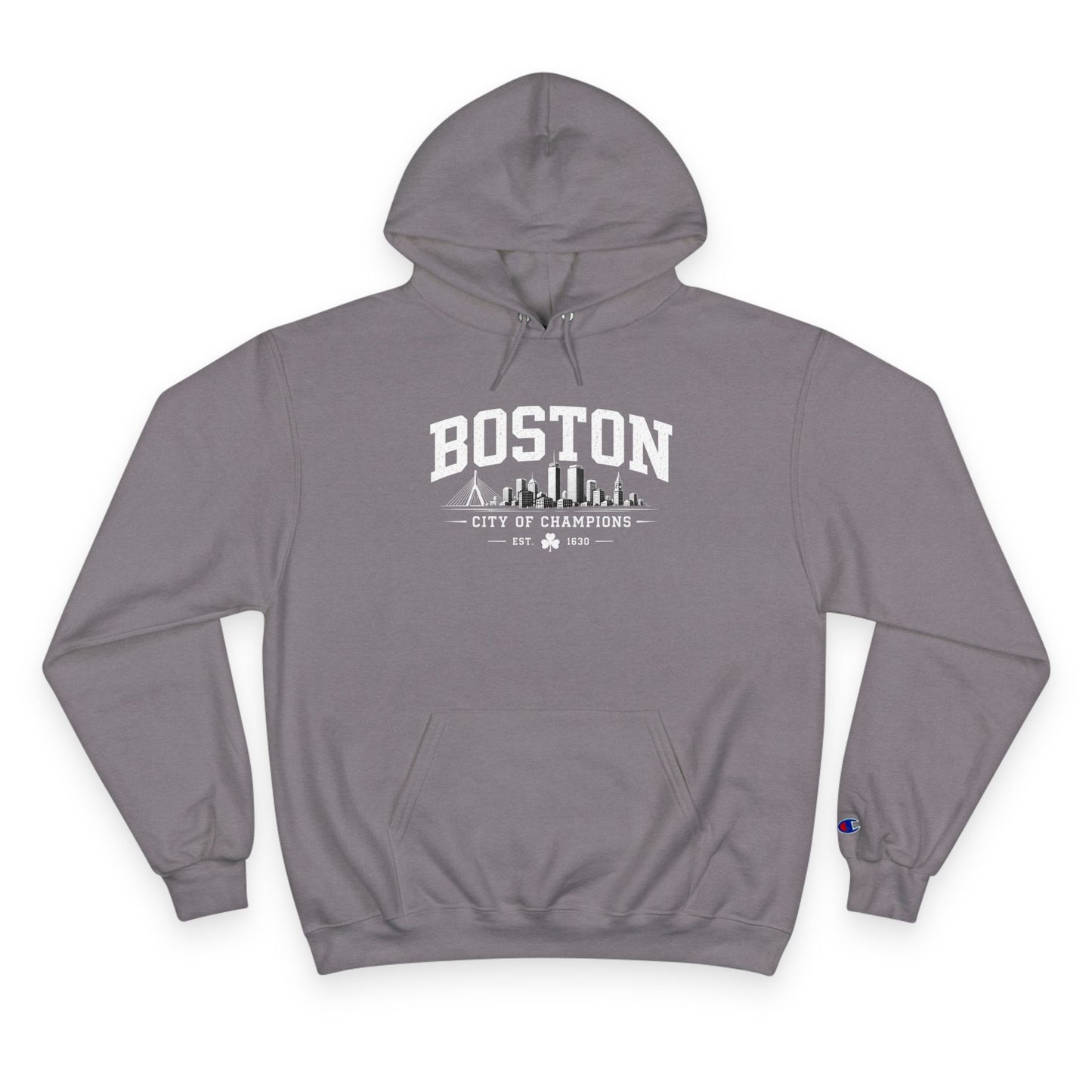 Champion Hoodie with Minimal City Skyline Embroidery — White Urban Streetwear