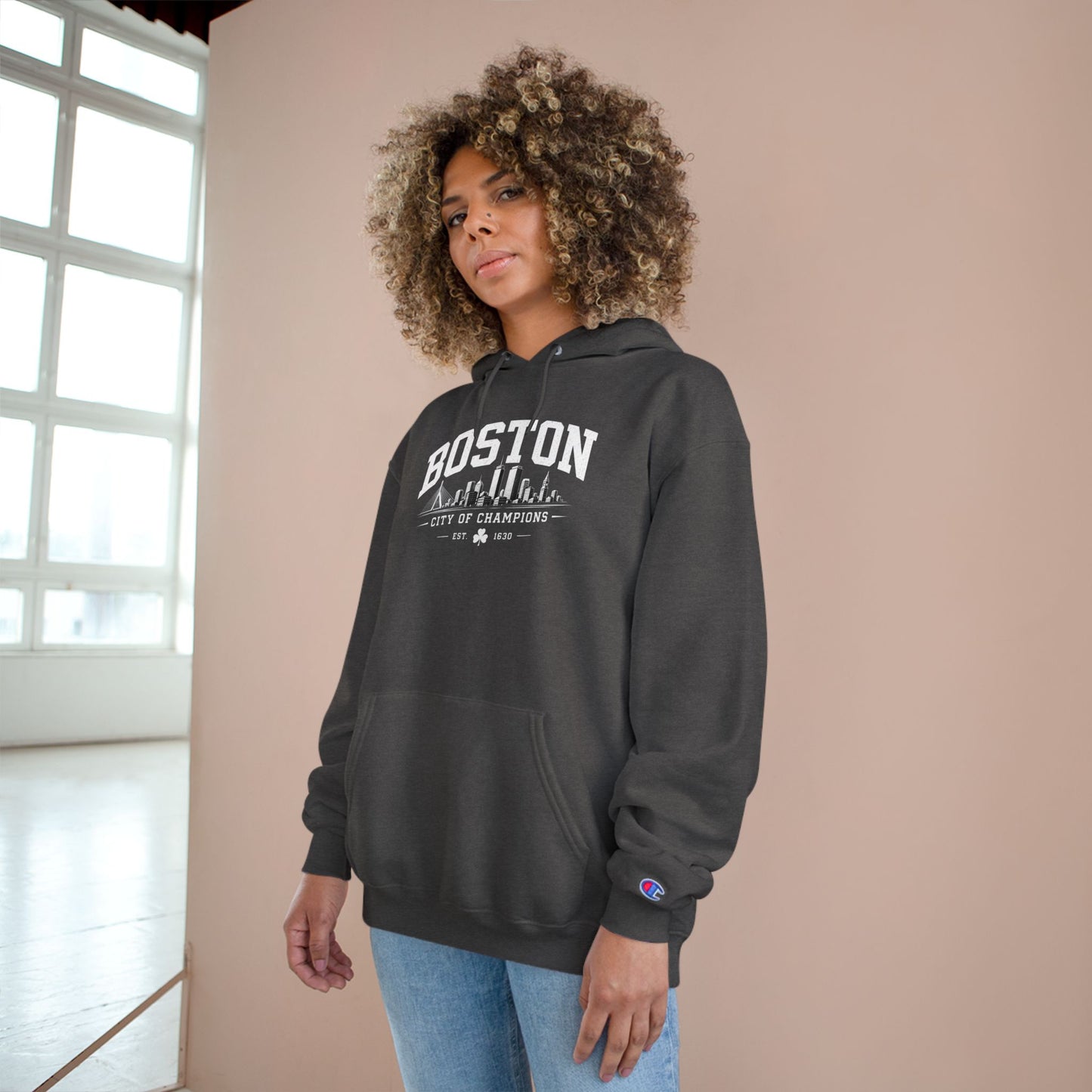 Champion Hoodie with Minimal City Skyline Embroidery — White Urban Streetwear