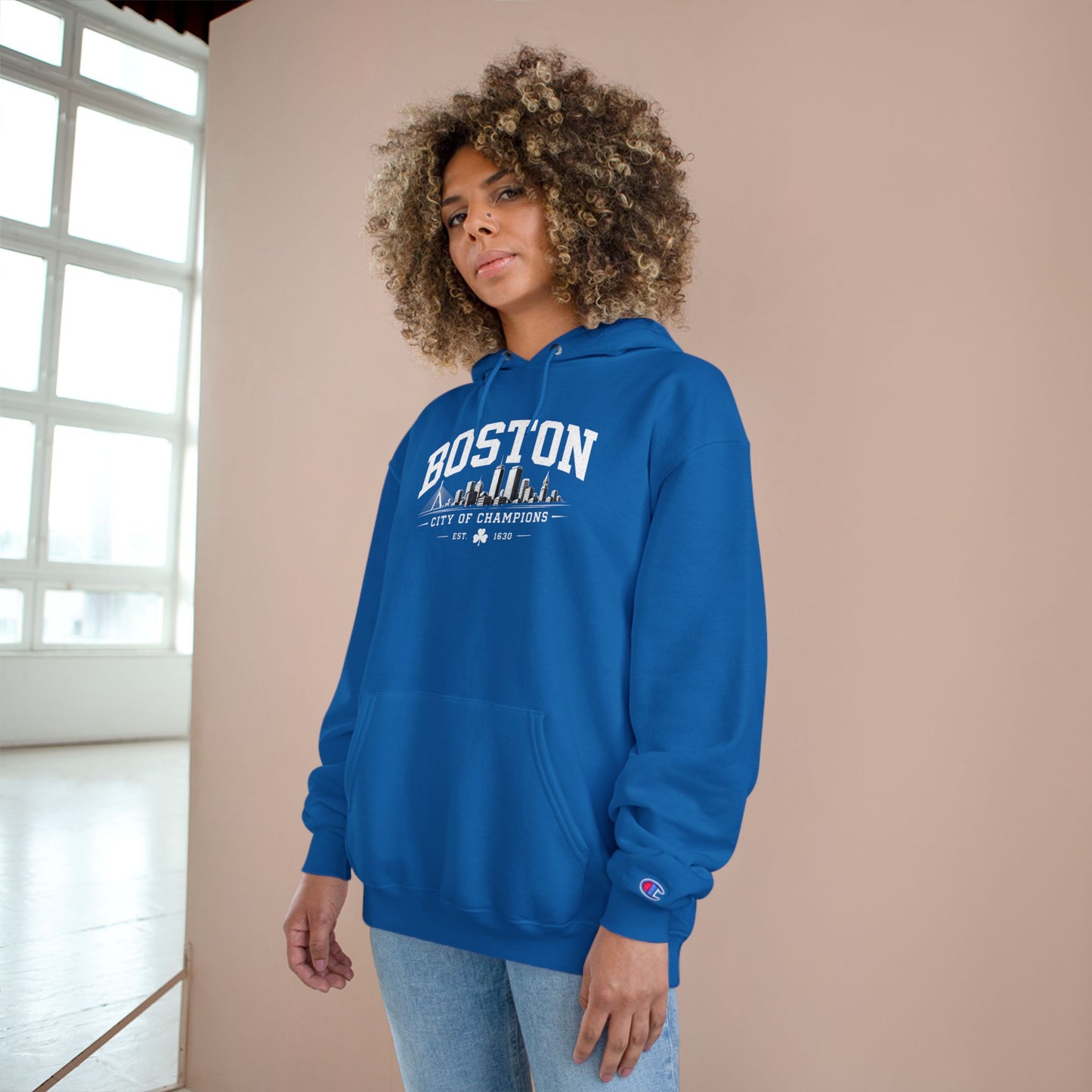 Champion Hoodie with Minimal City Skyline Embroidery — White Urban Streetwear
