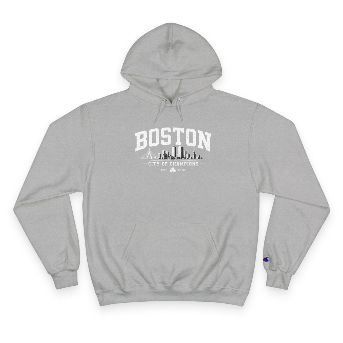 Champion Hoodie with Minimal City Skyline Embroidery — White Urban Streetwear
