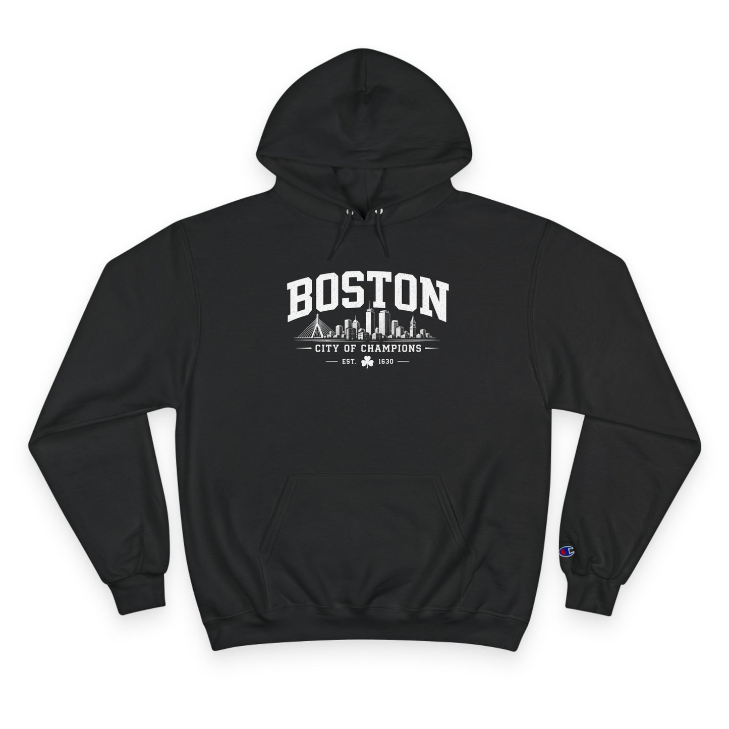 Champion Hoodie with Minimal City Skyline Embroidery — White Urban Streetwear