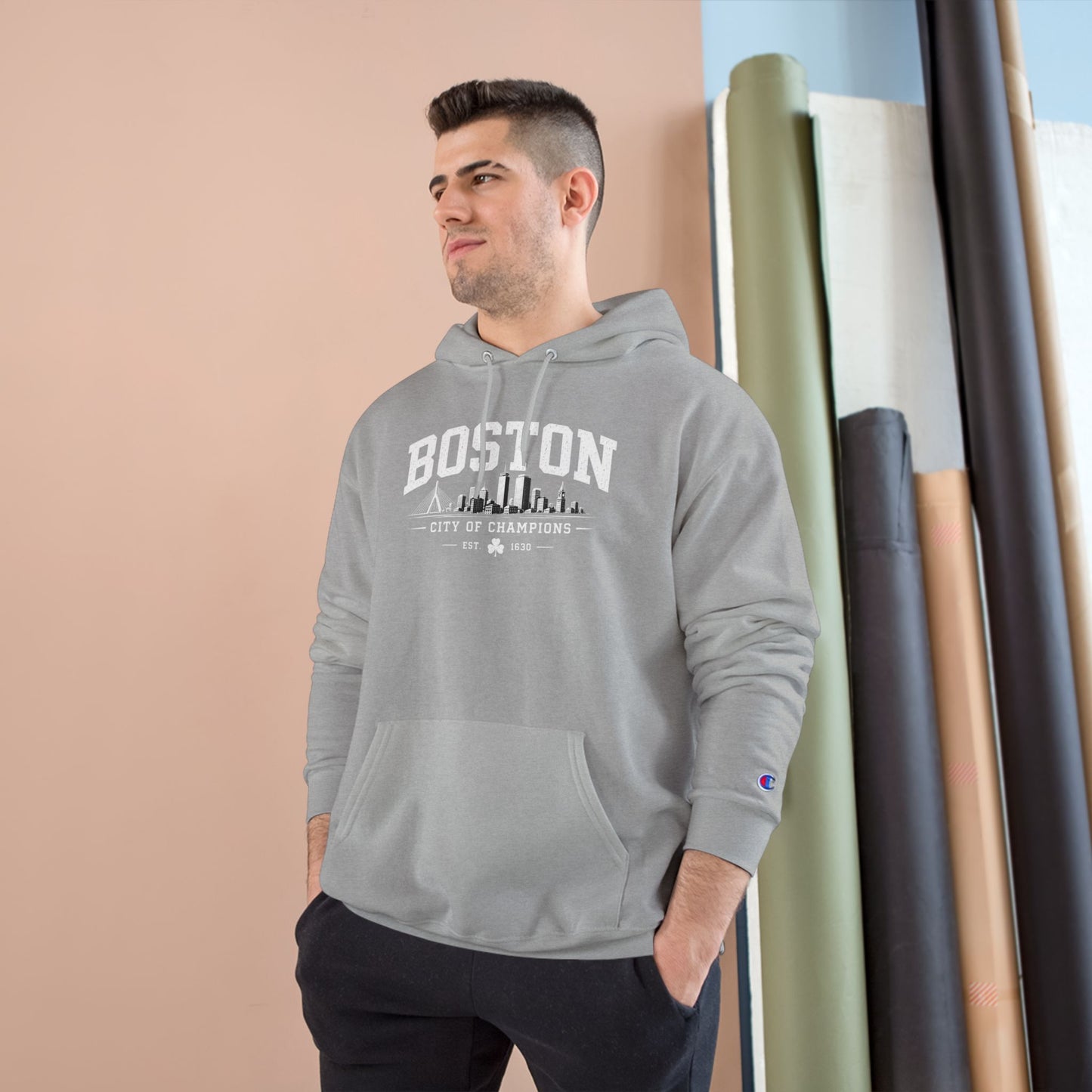 Champion Hoodie with Minimal City Skyline Embroidery — White Urban Streetwear