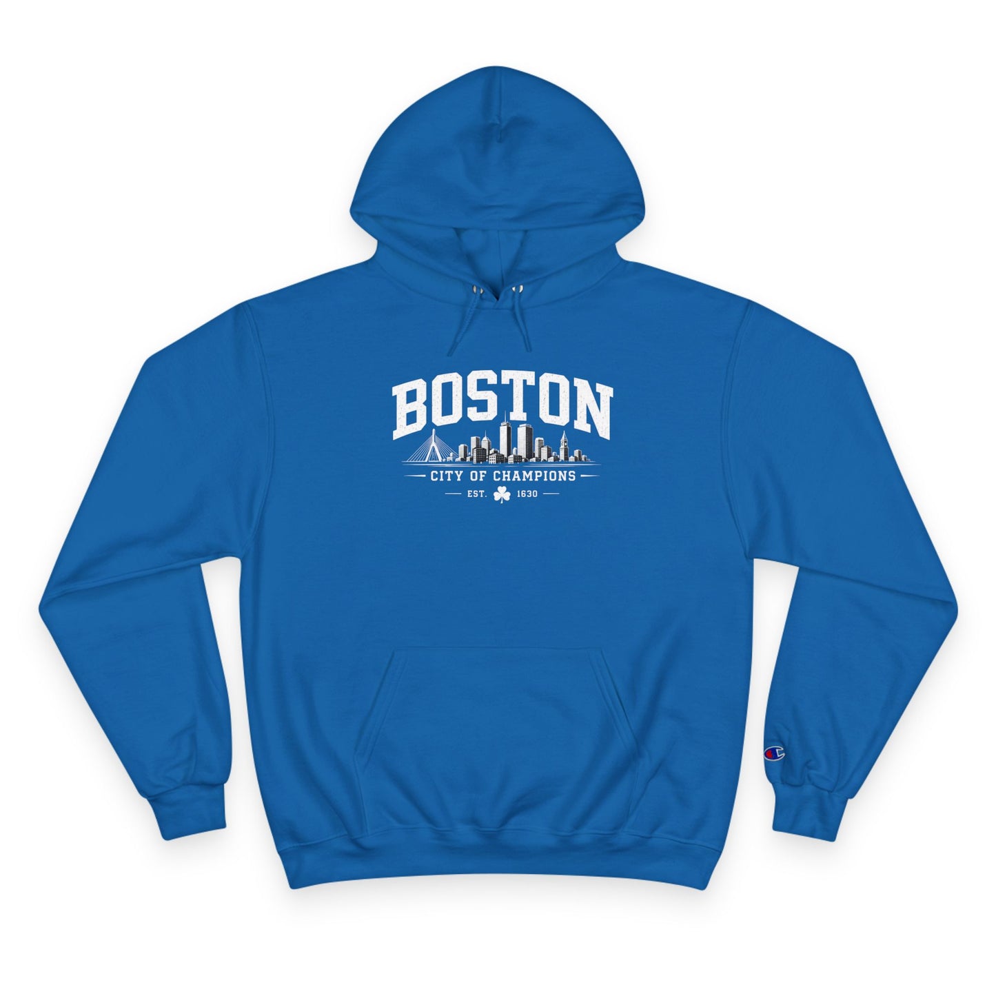 Champion Hoodie with Minimal City Skyline Embroidery — White Urban Streetwear