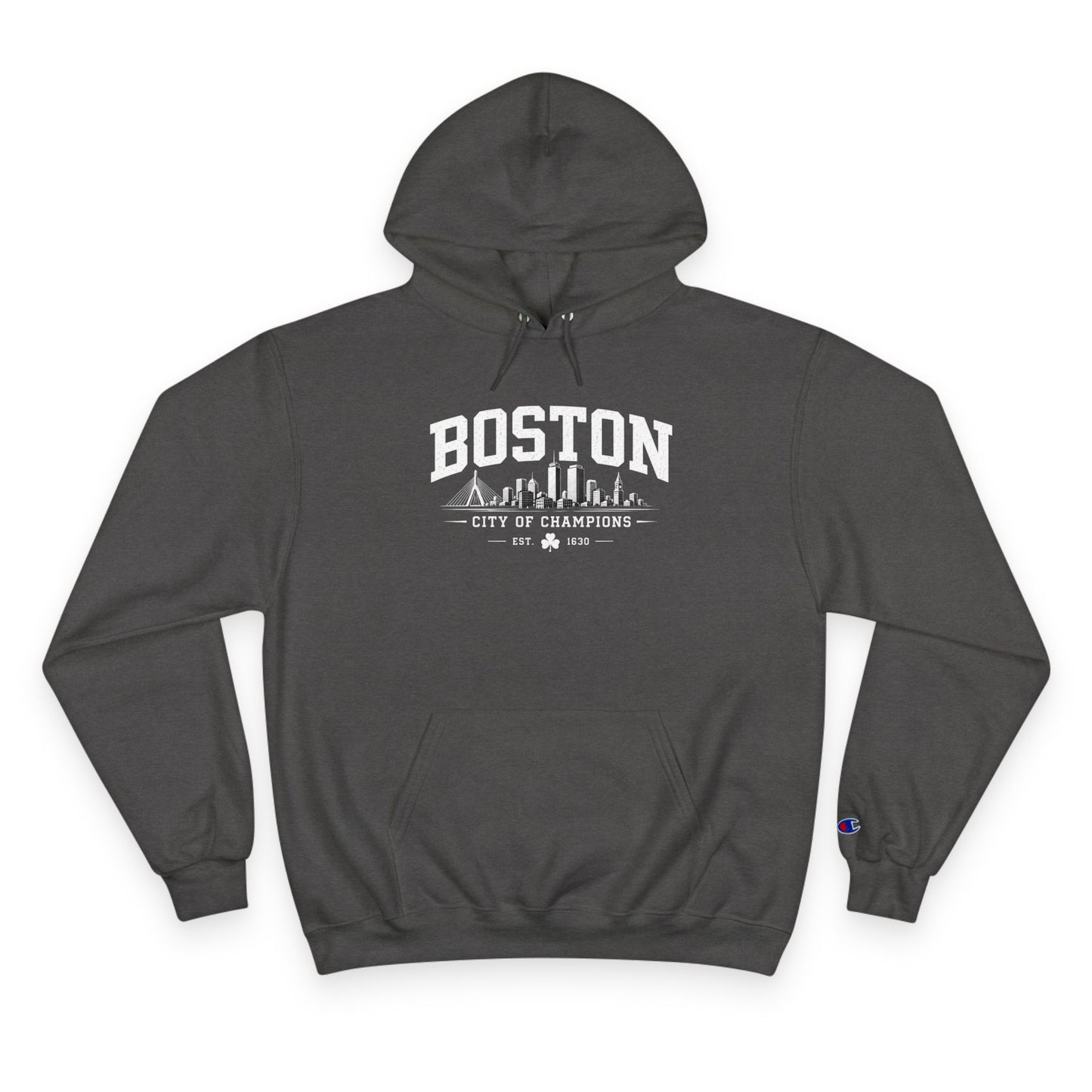 Champion Hoodie with Minimal City Skyline Embroidery — White Urban Streetwear