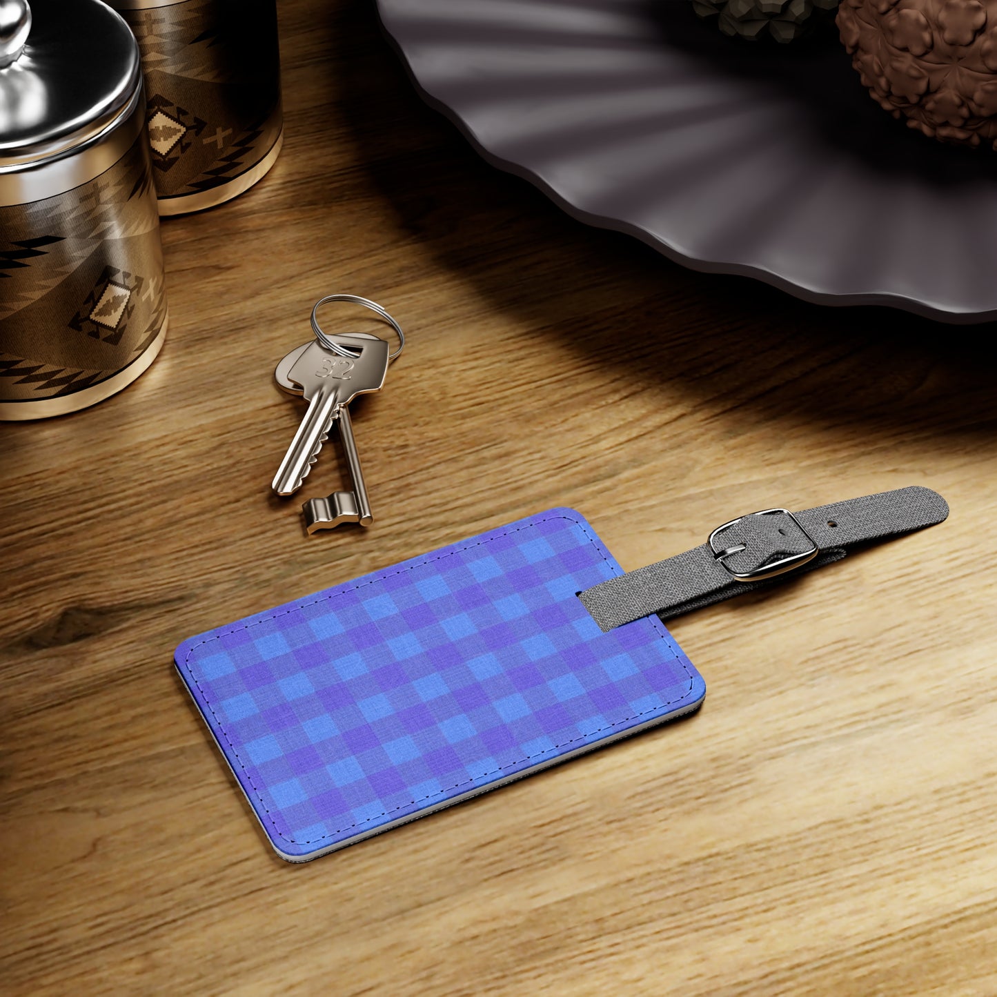 Blue Plaid Luggage Tag — Rectangular Saffiano Travel ID Tag