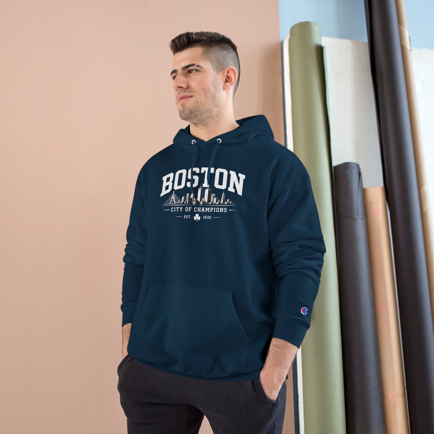 Champion Hoodie with Minimal City Skyline Embroidery — White Urban Streetwear