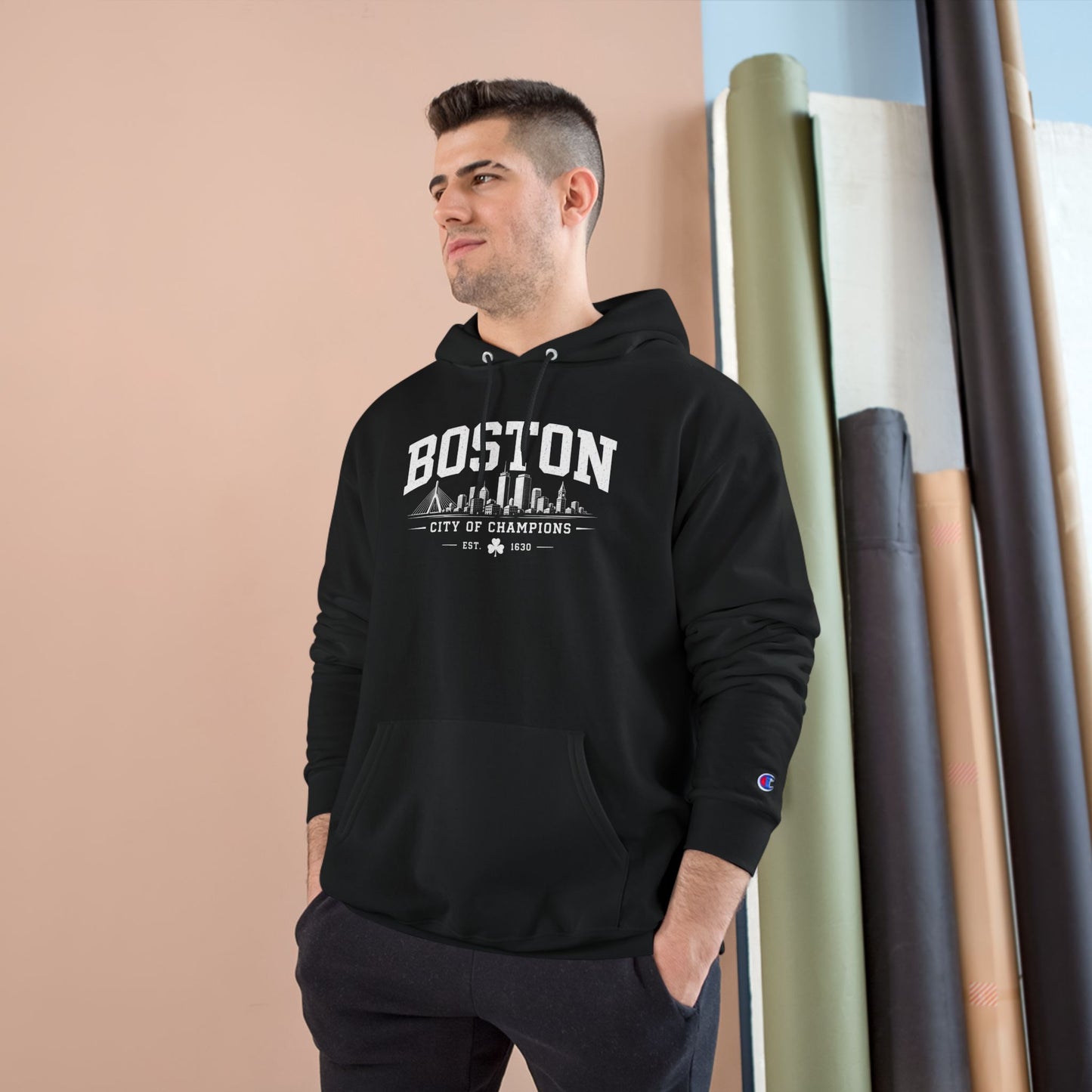 Champion Hoodie with Minimal City Skyline Embroidery — White Urban Streetwear