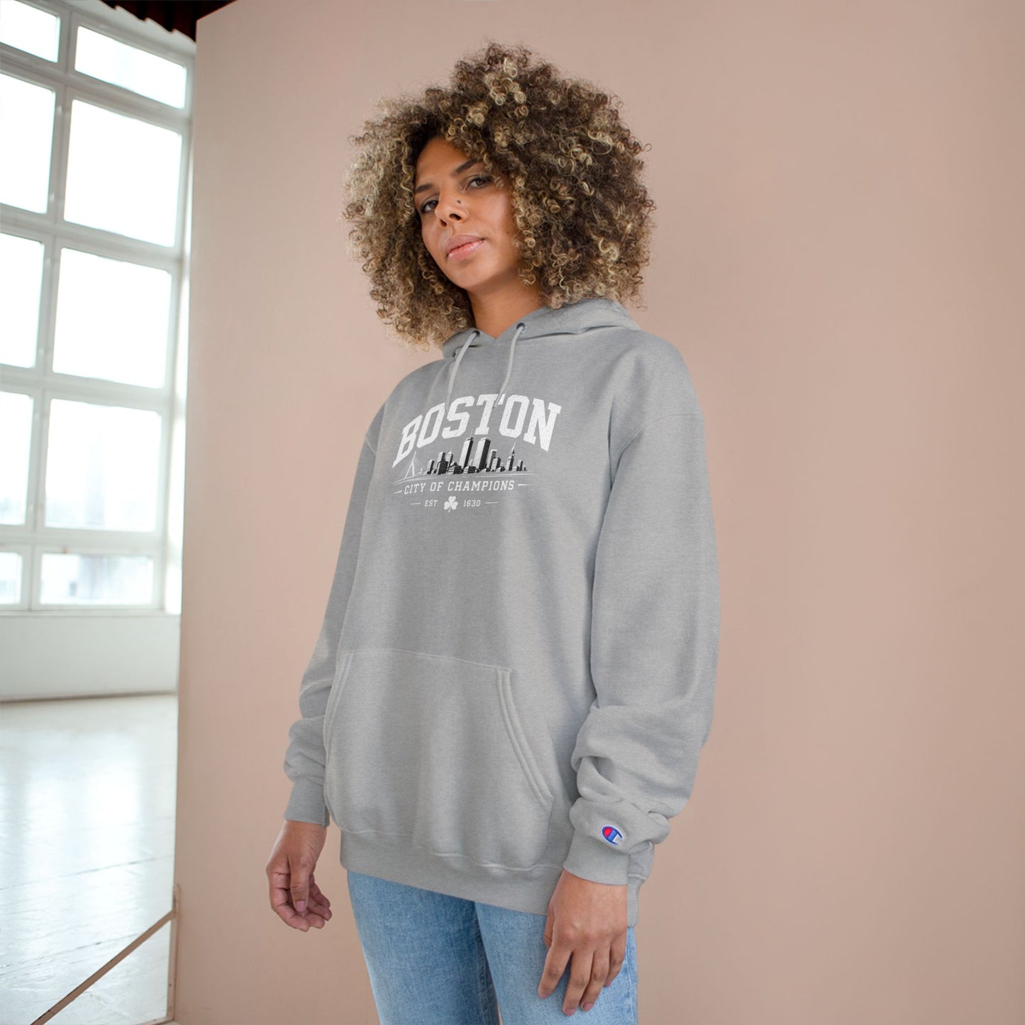 Champion Hoodie with Minimal City Skyline Embroidery — White Urban Streetwear