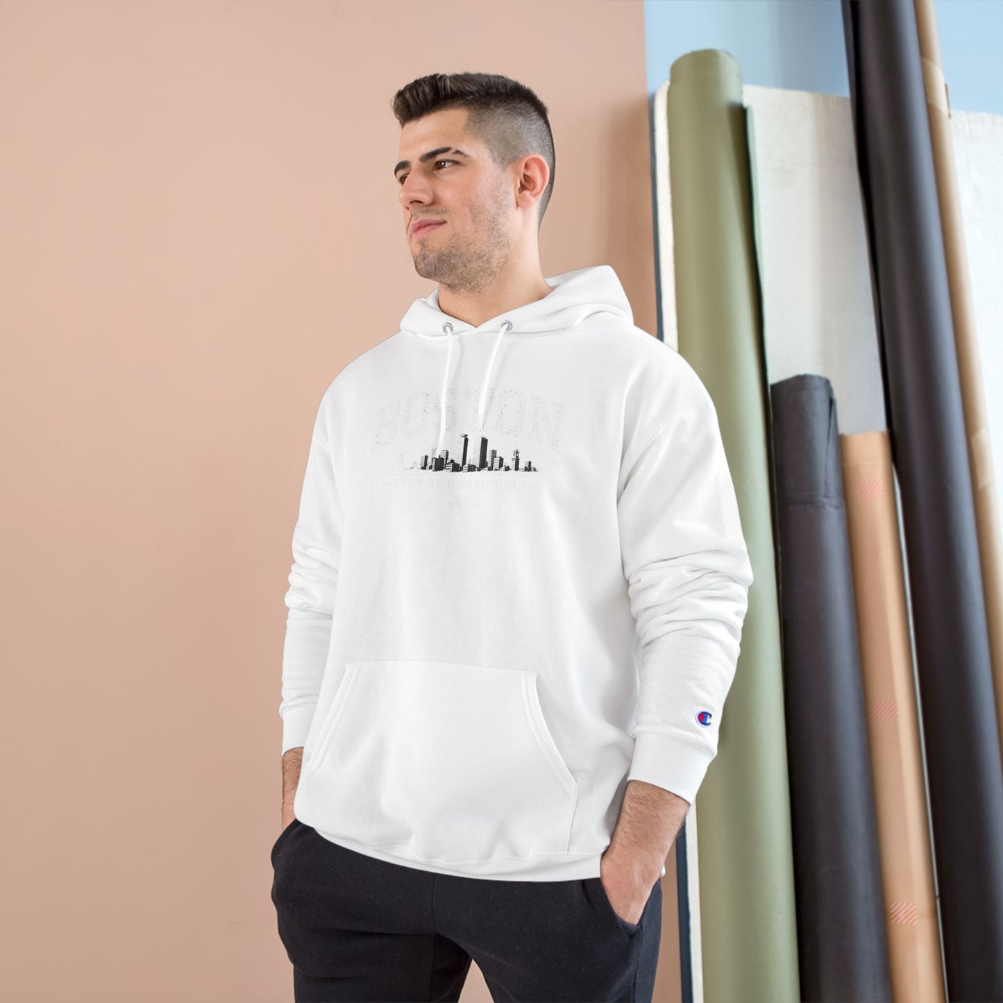 Champion Hoodie with Minimal City Skyline Embroidery — White Urban Streetwear