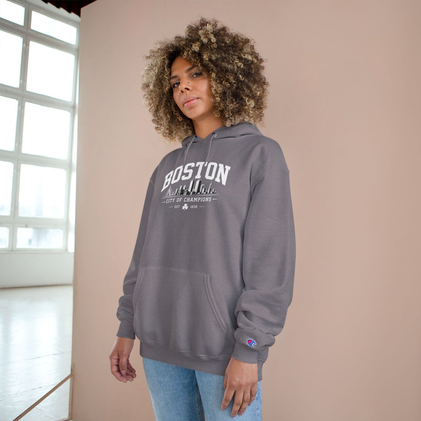 Champion Hoodie with Minimal City Skyline Embroidery — White Urban Streetwear