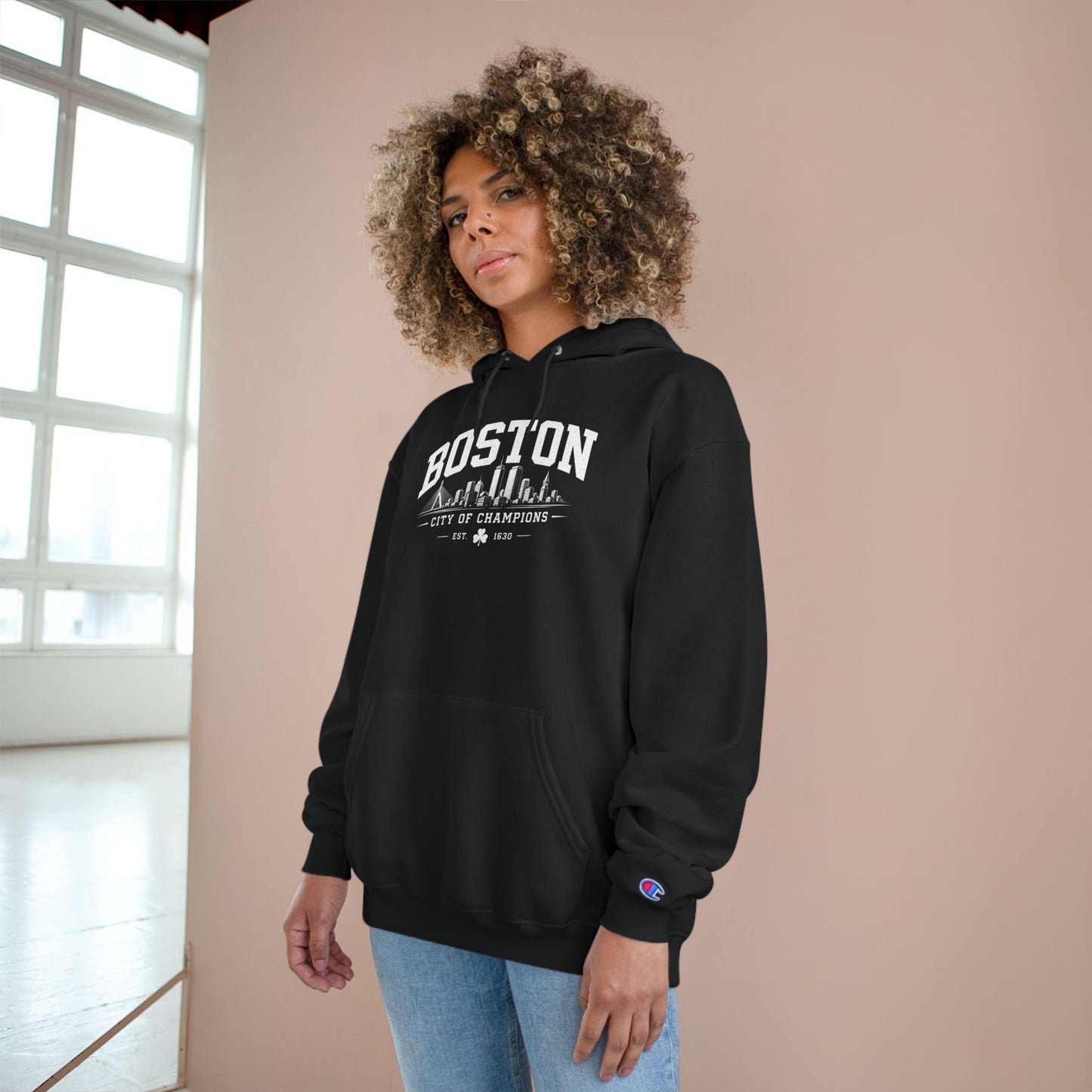 Champion Hoodie with Minimal City Skyline Embroidery — White Urban Streetwear