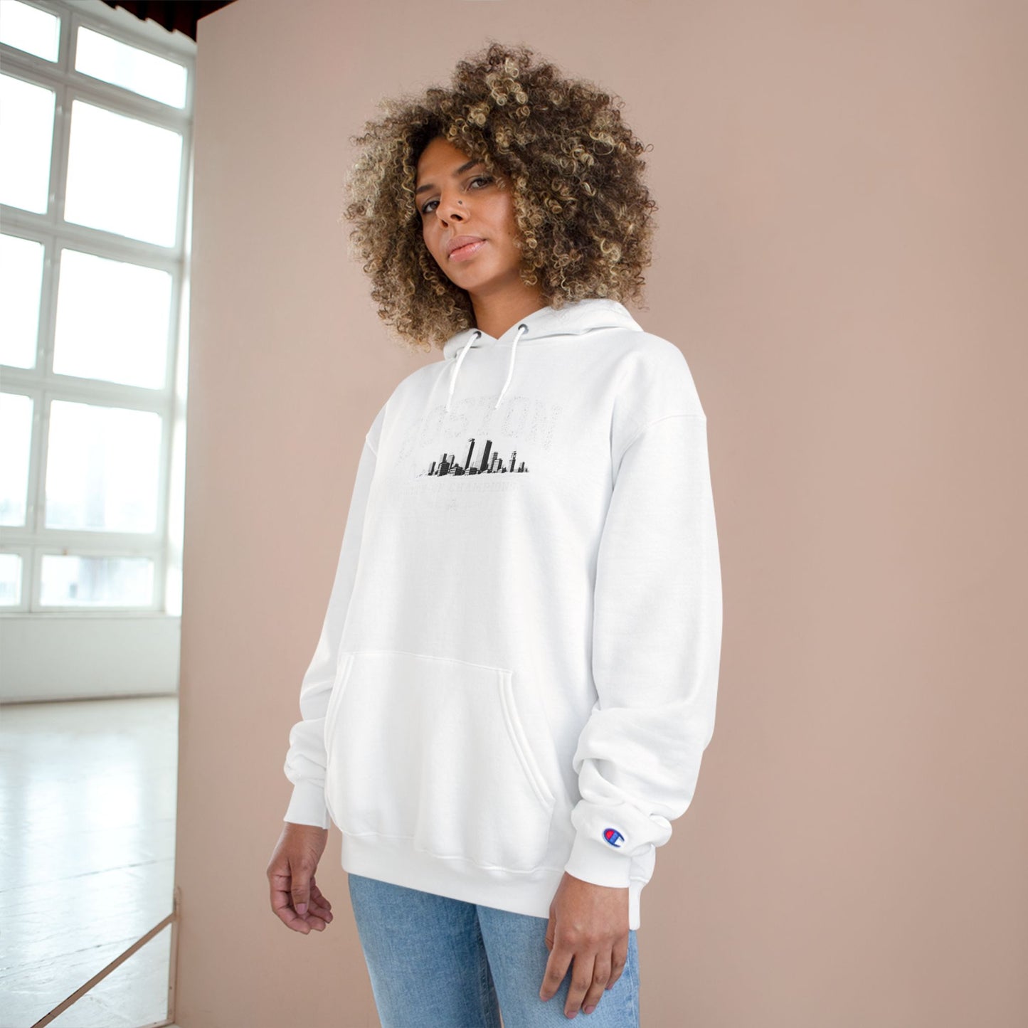 Champion Hoodie with Minimal City Skyline Embroidery — White Urban Streetwear