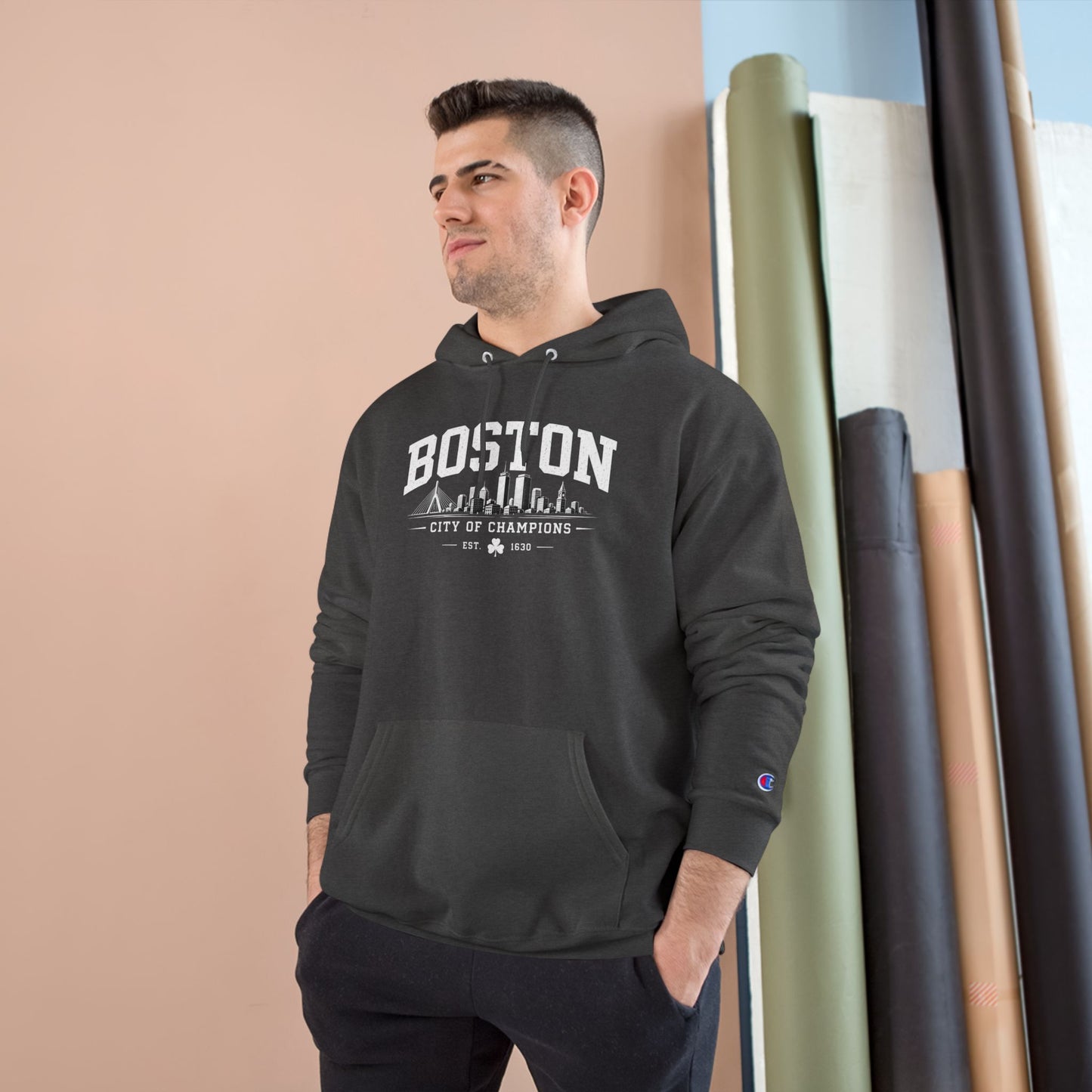 Champion Hoodie with Minimal City Skyline Embroidery — White Urban Streetwear