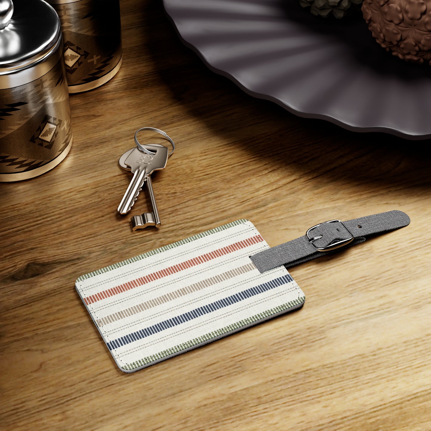 Striped Saffiano Luggage Tag — Classic Neutral Travel ID