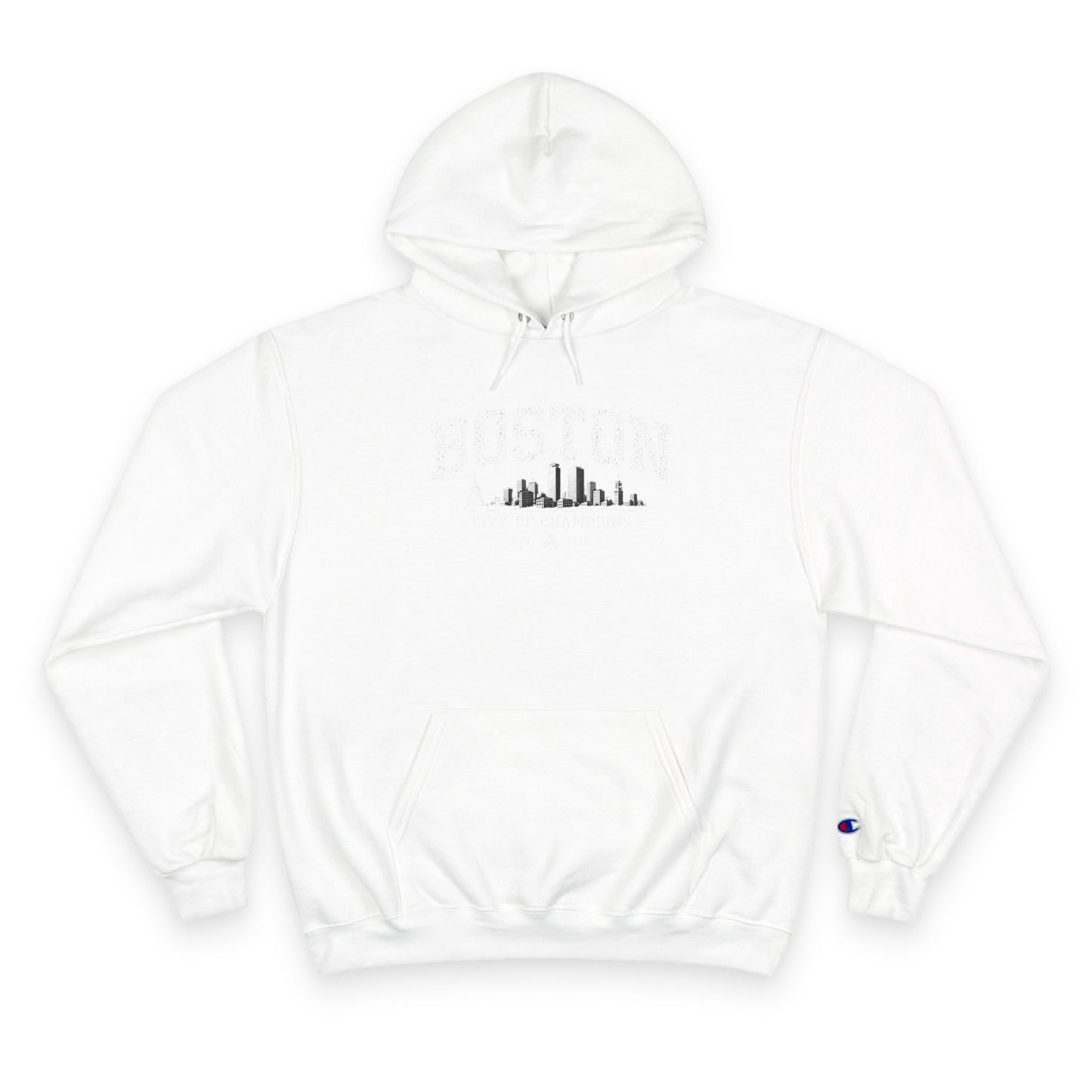 Champion Hoodie with Minimal City Skyline Embroidery — White Urban Streetwear