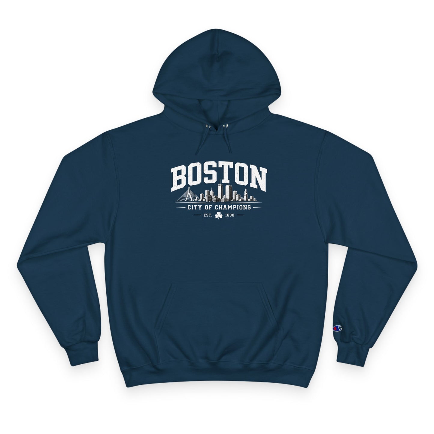 Champion Hoodie with Minimal City Skyline Embroidery — White Urban Streetwear