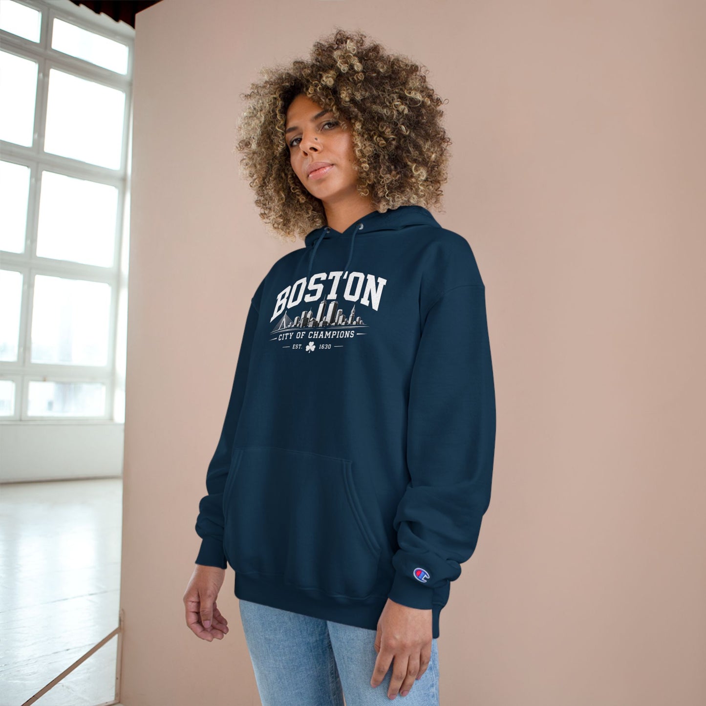 Champion Hoodie with Minimal City Skyline Embroidery — White Urban Streetwear