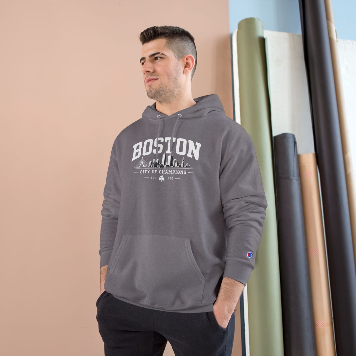 Champion Hoodie with Minimal City Skyline Embroidery — White Urban Streetwear