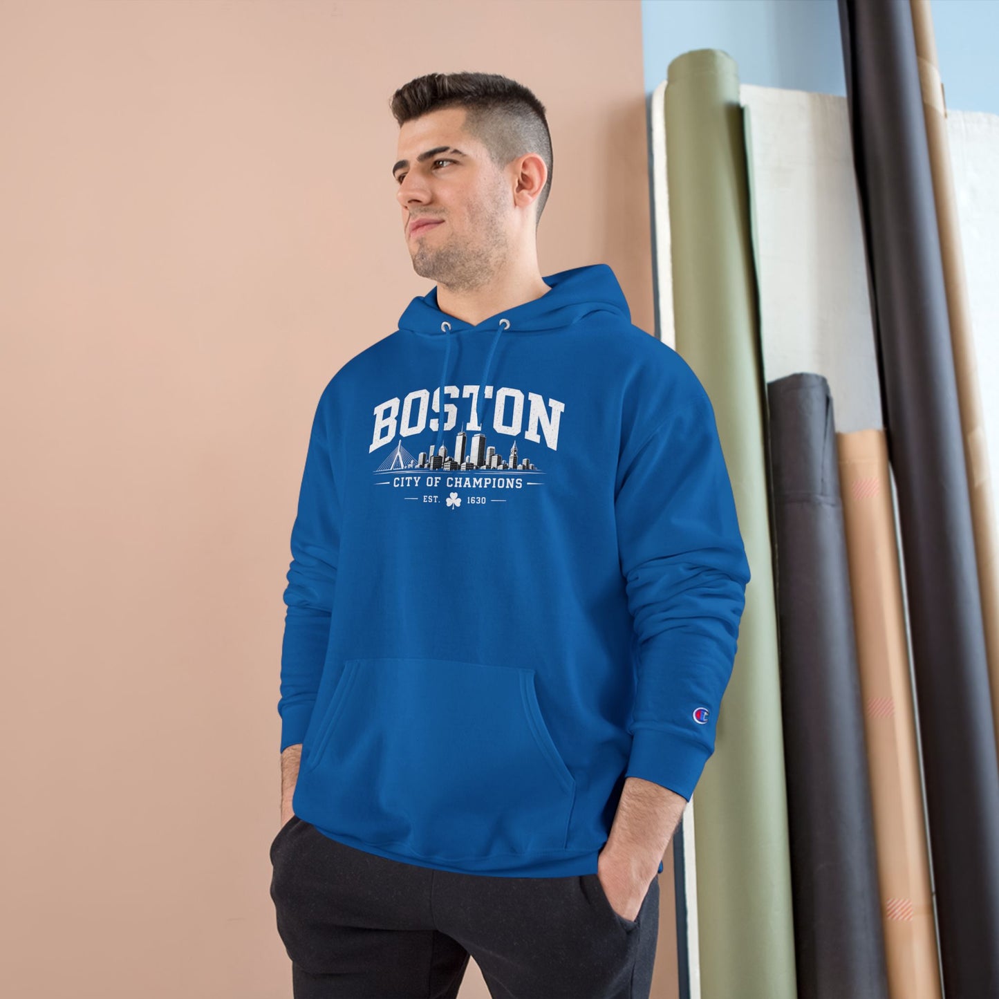 Champion Hoodie with Minimal City Skyline Embroidery — White Urban Streetwear